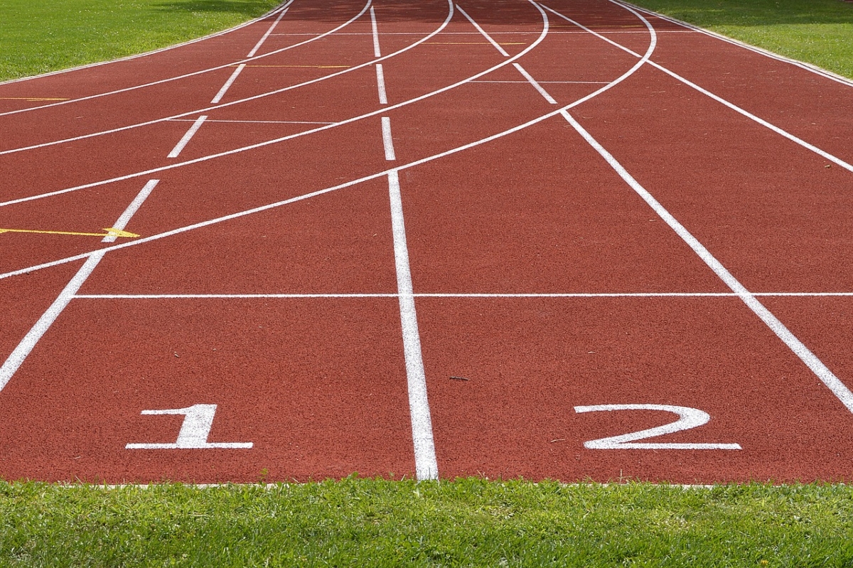 Lanes on an athletics track labelled 1 and 2.